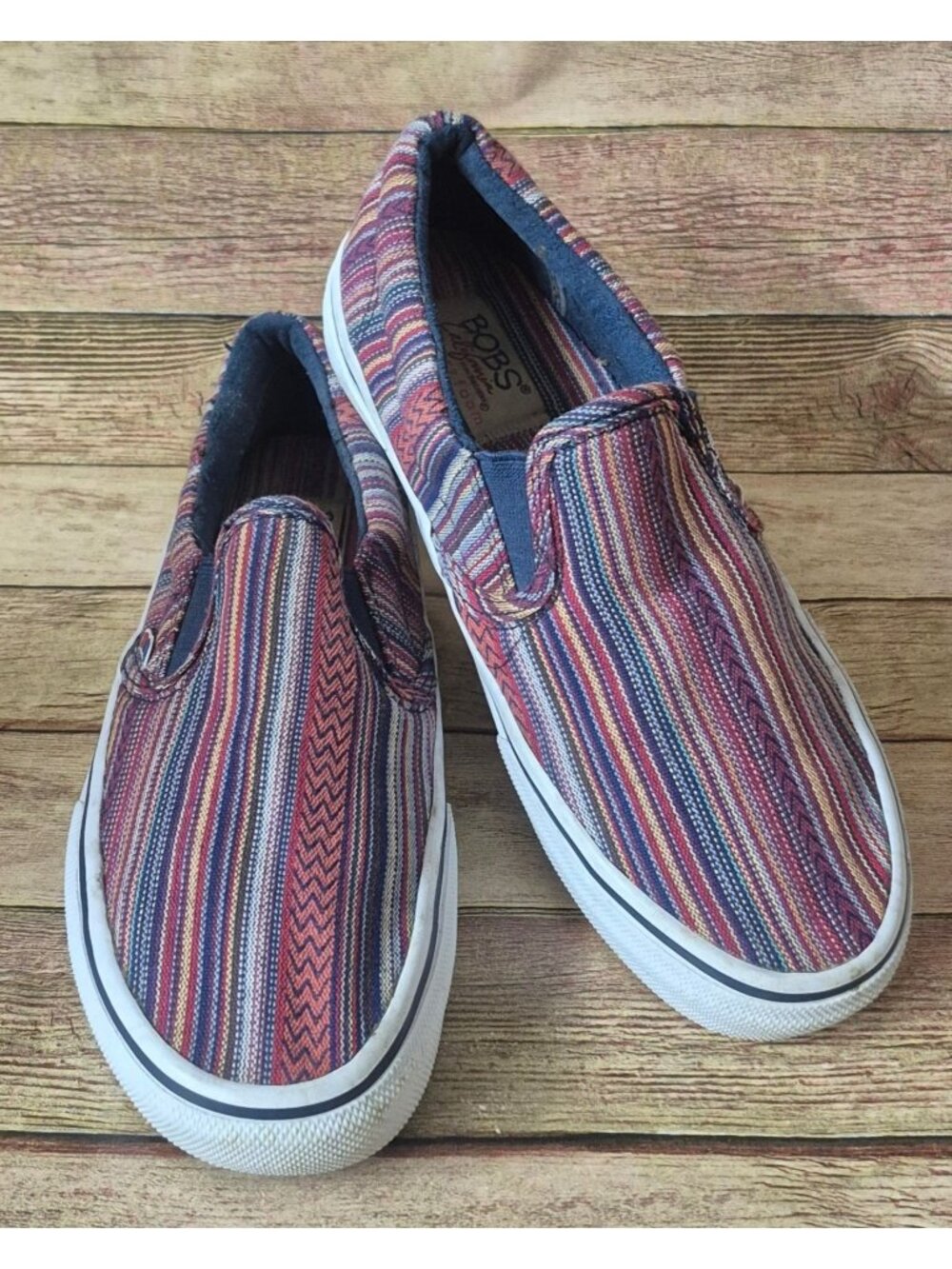 Bobs by Skechers Serape Soutwestern Striped Canvas Slip On Tennis Shoes Size 7
